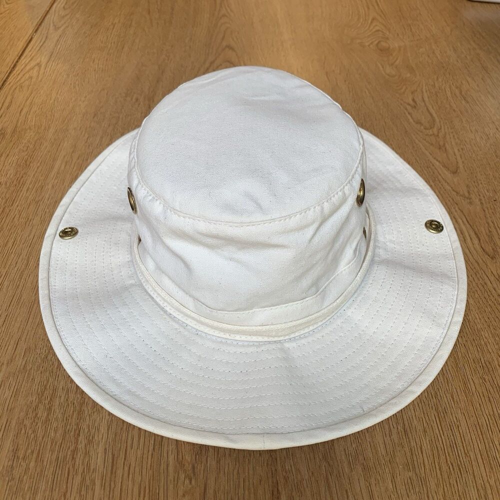 Vtg TILLEY White Duck Canvas Hat Snap Up Green Brim Outdoor Sun Protection 7"